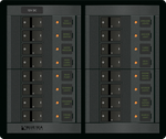Blue Sea 360 series 16-position DC distribution panel with rocker circuit breakers and amber indicator lights