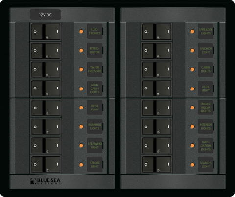 Blue Sea 360 series 16-position DC distribution panel with rocker circuit breakers and amber indicator lights