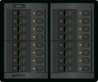 Blue Sea 360 series 16-position DC distribution panel with rocker circuit breakers and amber indicator lights