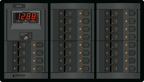 Blue Sea 360 DC panel featuring a digital multimeter and 19 labeled circuit breaker positions with LED indicators