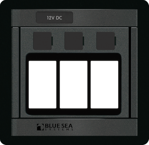 Front view of black Blue Sea Systems 3-switch blank panel for ML-Contura switches with backlit label areas