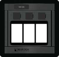 Front view of black Blue Sea Systems 3-switch blank panel for ML-Contura switches with backlit label areas
