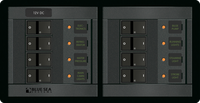 Blue Sea Panel 360 8-position 12V distribution panel with circuit breakers and illuminated labels