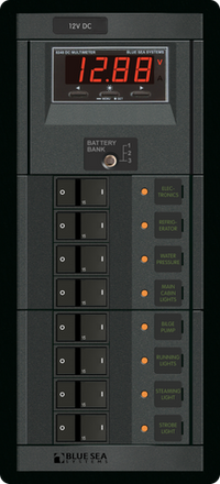 Blue Sea 360 8-position 12V circuit breaker distribution panel with digital multimeter