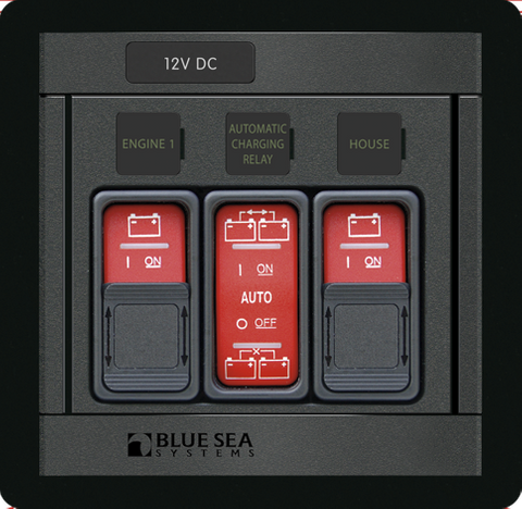 Marine control panel with three red rocker switches and sliding lockout covers for battery management