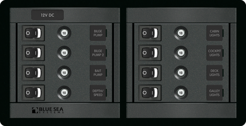 Blue Sea 360 Series 8-position horizontal distribution panel with rocker switches and 10A breakers