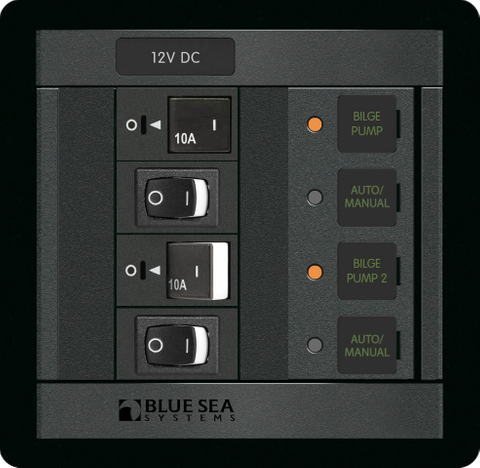 Front view of dual bilge pump switch panel with 10A breakers and backlit status indicators