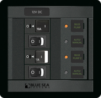 Front view of dual bilge pump switch panel with 10A breakers and backlit status indicators
