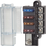Compact 4-circuit blade fuse block with clear insulating cover and tin-plated terminals