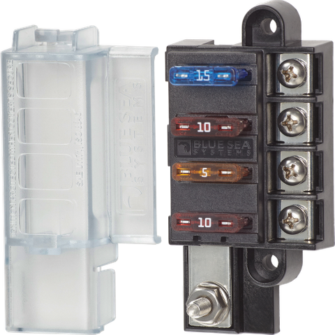 Compact 4-circuit blade fuse block with clear insulating cover and tin-plated terminals