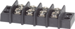 4-circuit terminal block with black plastic housing and eight nickel-plated screw terminals
