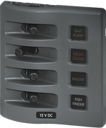 Gray Blue Sea 12V 4-circuit marine fuse panel with waterproof toggle switches and backlit labels