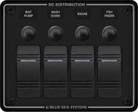 Black 4-position DC distribution panel with rocker switches and waterproof push-button circuit breakers