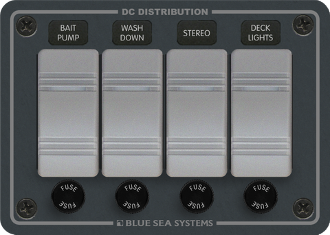 Front view of Blue Sea 4-position fused DC switch panel in slate grey with Contura switches