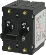 Black 40A double-pole toggle circuit breaker with linked actuator and brass mounting inserts
