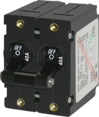 Black 40A double-pole toggle circuit breaker with linked actuator and brass mounting inserts