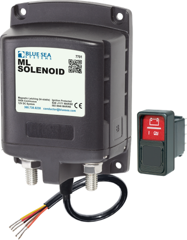 Blue Sea 500A ML-Series solenoid battery isolator with 22mm copper studs and remote rocker switch