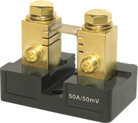 Blue Sea 50A 50mV DC shunt with brass terminal blocks and black insulating base for DC ammeters