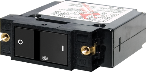 Black 50A single-pole A-series flat rocker circuit breaker with brass mounting inserts