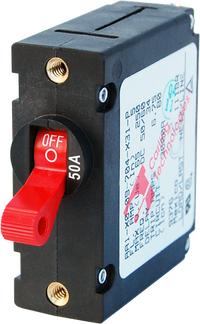 Blue Sea A-Series 50A single-pole toggle circuit breaker with red lever