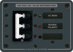 Front view of black 240V AC 50A triple pole main distribution panel with red and green indicator LEDs