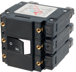 Blue Sea 50A triple-pole circuit breaker with white raised rocker switch and threaded mounting holes