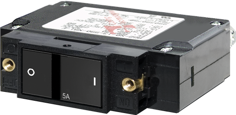 Blue Sea 5A single-pole circuit breaker with black flat rocker and brass mounting inserts