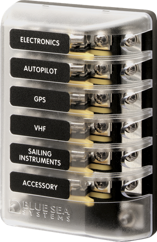 6-circuit 3AG glass fuse block with clear insulating cover and labelled circuits for marine electronics