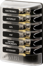 Blue Sea 6-circuit 3AG glass fuse block with clear insulating cover and circuit labels