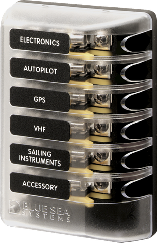 Blue Sea 6-circuit 3AG glass fuse block with clear insulating cover and circuit labels