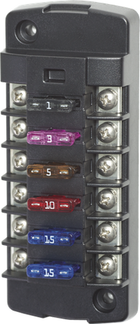 6-circuit ST blade independent fuse block with tinned copper terminals and installed fuses