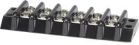Black 6 circuit terminal block with 12 screw terminals and raised barriers for circuit isolation