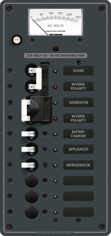 Vertical 230V AC distribution panel with analogue voltmeter, source lockout slide and six circuit positions