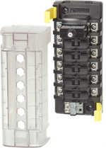 Blue Sea 6-position independent circuit breaker block with clear cover and snap-in CLB breaker