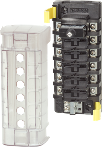 Blue Sea 6-position independent circuit breaker block with clear cover and snap-in CLB breaker