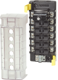Blue Sea 6-position independent circuit breaker block with clear cover and snap-in CLB breaker