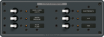 Grey 6-position 12V DC distribution panel with toggle breakers, LEDs and backlit labels