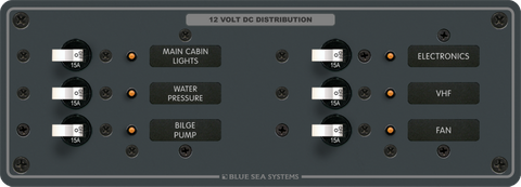 Grey 6-position 12V DC distribution panel with toggle breakers, LEDs and backlit labels