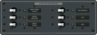 Grey 6-position 12V DC distribution panel with toggle breakers, LEDs and backlit labels