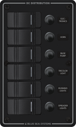 Black 6-position marine DC switch panel with Contura rocker switches and waterproof circuit breakers