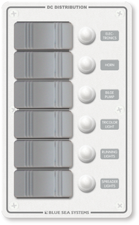 White 6 position marine DC distribution switch panel with Contura rocker switches and circuit breakers