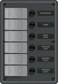 Slate grey 6-position marine fused switch panel with rocker switches and fuse holders