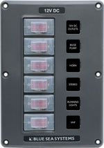Gray 6-position marine circuit breaker switch panel with water-resistant clear rocker switch boots