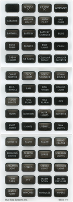 Sheet of 60 small black DC switch labels with white text including bilge, lights and battery