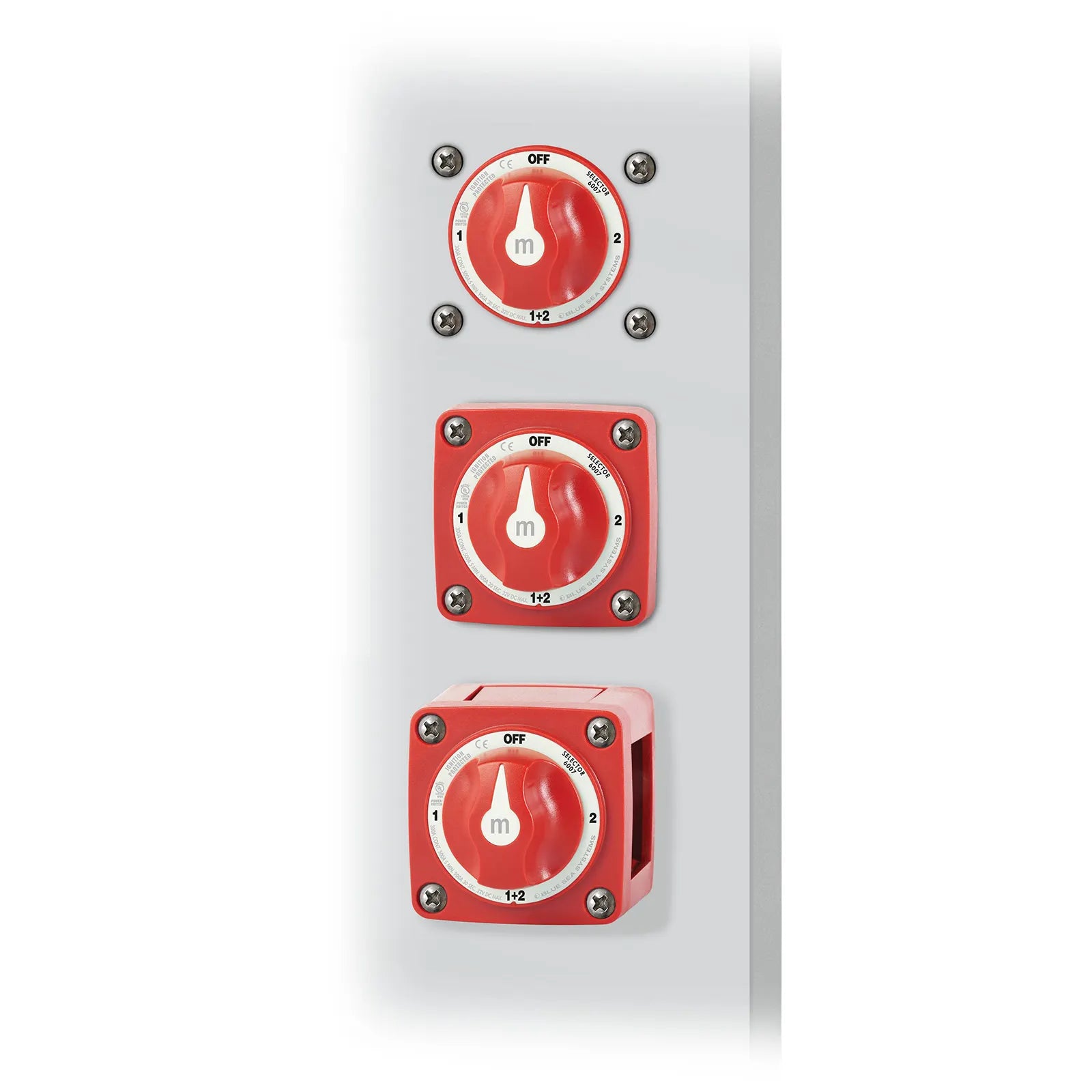 Three battery switches showing surface, front panel, and rear panel mounting styles