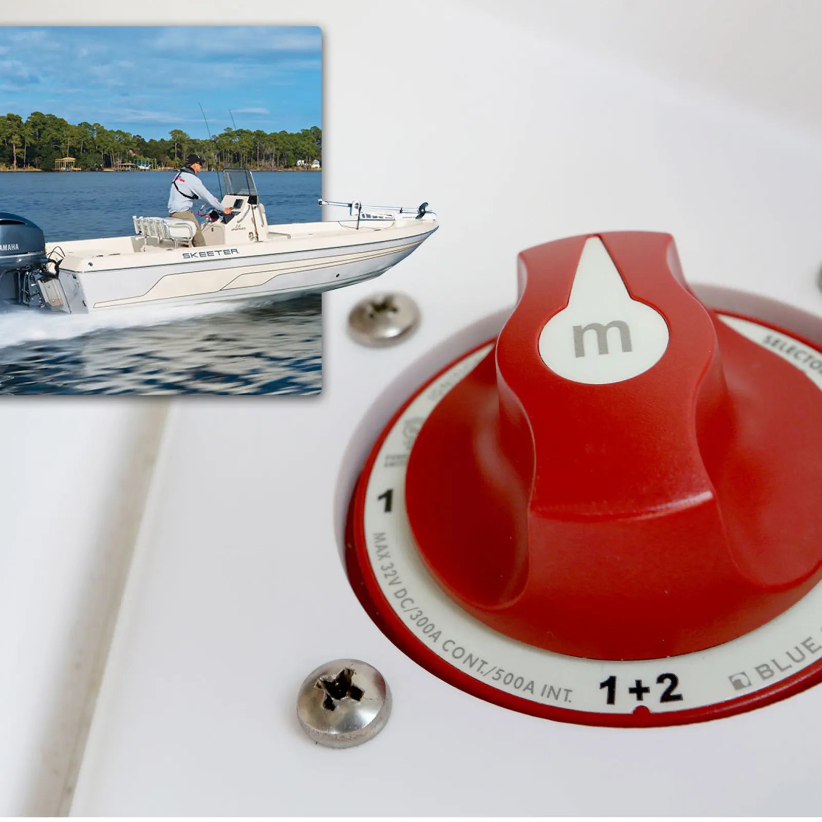 Close-up of a battery switch installed on a boat dashboard