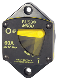 Blue Sea 60A panel mount thermal circuit breaker with yellow reset lever and ignition protected label