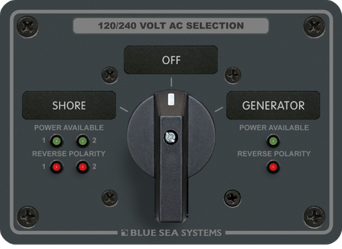 AC rotary selector panel for 240V Shore and Generator power with LED status indicators