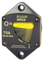 Front view of Blue Sea 70A panel mount thermal circuit breaker with yellow reset lever