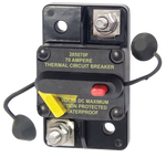 70A Blue Sea thermal circuit breaker featuring a red trip button, yellow reset lever, and protective terminal caps